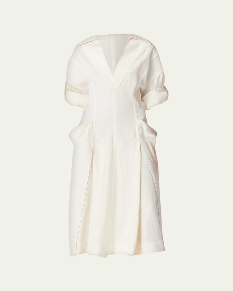 Fit-and-Flare Grainy Midi Dress with Frog Embellishments